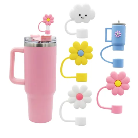 Silicone Straw Cover Cap Cartoon Flower Cloud Star Dustproof Reusable BPA Free Straw Topper For Tumbler Cups Cute