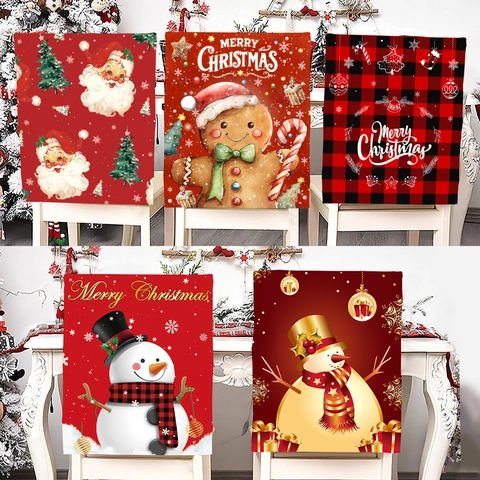 Christmas Chair Back Covers Polyester Waterproof Non Slip Dining Room Festive Decoration Santa Claus Snowman Gingerbread Man Holiday