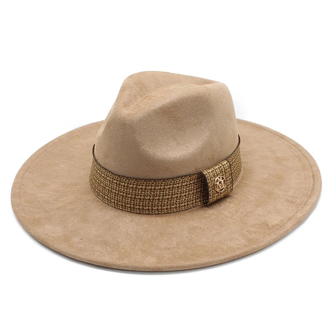 Vintage Wide Brim Fedora Hat Suede Texture Woven Band Metal M Decor Western Cowboy Style For Men Women Elegant Retro