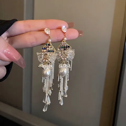 Orecchini Boho Con Nappe Lunghe Strass Multicolore Künstliche Perle E 925 Sterling Silver Earring Post Con Fiocco