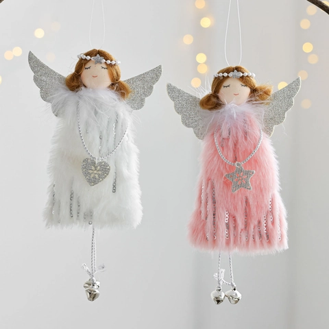 Angelo Di Peluche Decorazione Da Appendere Albero Di Natale Paillettes Pelliccia Sintetica Campanelli Metallo Bambola