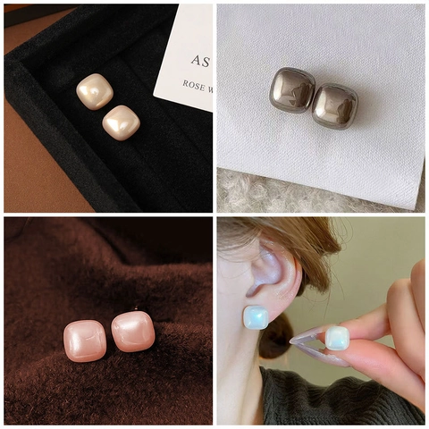 Geometric Square Faux Artificial Pearl Stud Earrings With Silver Earring Post Minimalist Elegant Fashion Accessories For Women