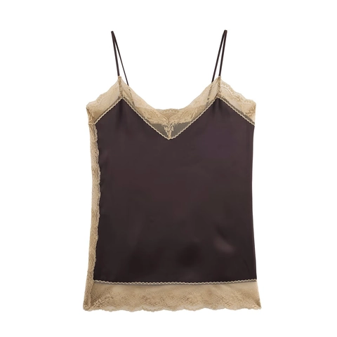 Satin Camisole Top With Lace Trim V-Neck Sleeveless Spaghetti Strap Solid Deep Brown Elegant For Women