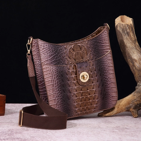 Women Retro Crocodile Embossed Crossbody Bag And Small Pouch Gradient PU Leather Wide Strap Golden Twist Lock Casual