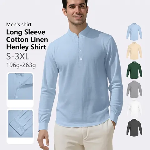 Chemise Casual Homme Mélange Lin Manches Longues Col Officier Couleur Unie Top Henley Léger Respirant Vacances