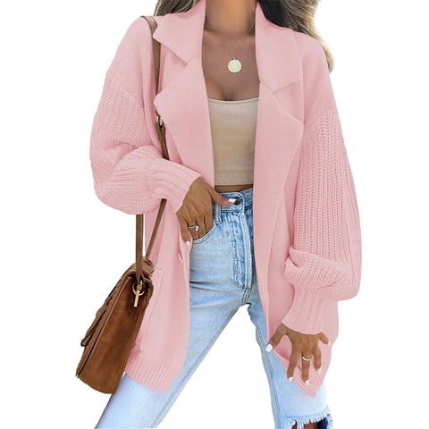 Women Knitted Cardigan Sweater Long Sleeve Lapel Collar Single Button Pocket Casual Loose Outwear Soft Solid Color