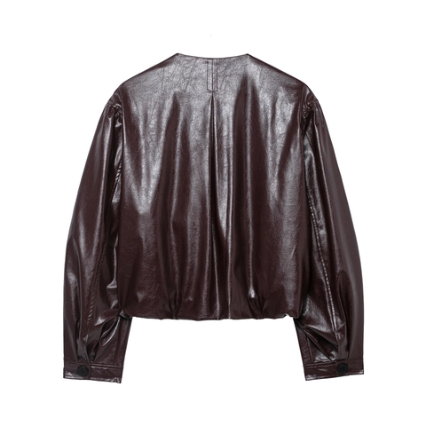 Dames Bomberjack Kunstleer Ronde Hals Lange Mouwen Rits Losse Retro Streetwear Bovenkleding Wijnrood