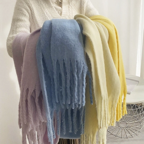 Damen Dicker Flauschiger Plüsch Fransen Schal Winter Warm Weicher Kaschmirimitat Schal Einfarbige Quasten Schals Kettengewirkter Schalwickel