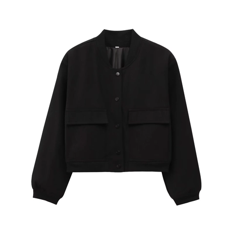 Damen Kurze Varsity Jacke Baseball Kragen Druckknopf Langarm Große Taschen Rippstrick Bündchen Casual Preppy Outwear