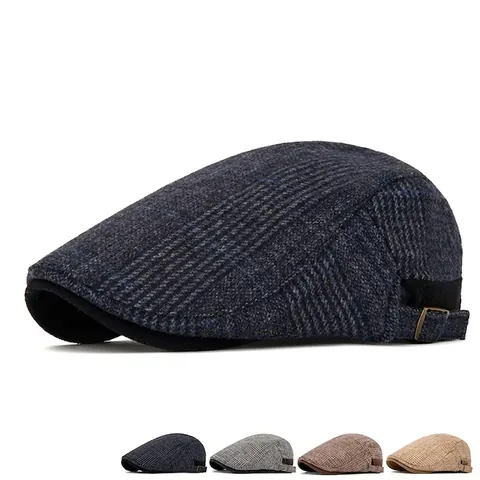 Vintage British Plaid Flat Cap Men Wool Blend Warm Fleece Lined Adjustable Ivy Hat Retro Winter