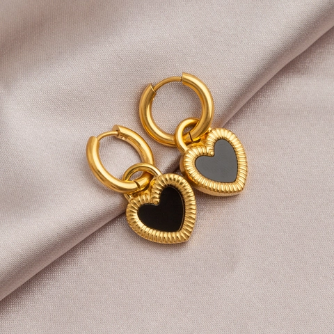 Pendientes De Aro Con Colgante De Corazón Acero De Titanio Con Poste De Plata Doble Cara Negro Blanco Nácar Retro