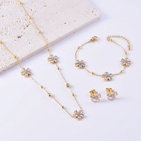 Flower Necklace Stud Earrings Bracelet Stainless Steel Cubic Zirconia Elegant Jewelry For Women Gold Plated Summer