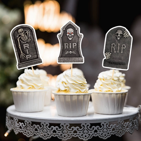 Halloween Cupcake Topper Grabstein RIP Skelett Design Karton Dekoration Für Gruselparty Friedhof Thema