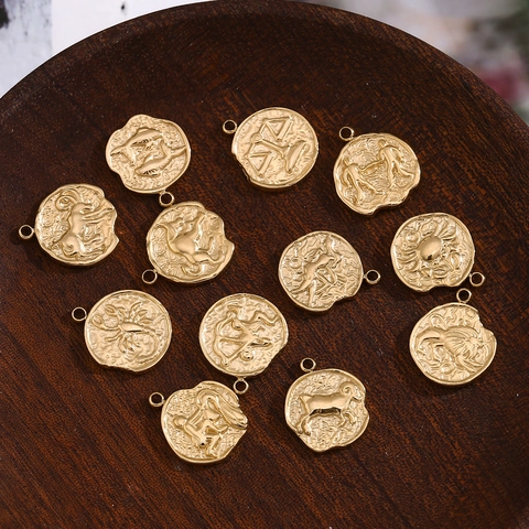 Dijes De Signos Del Zodiaco Acero Inoxidable Chapado En Oro De 14K Moneda Grabada Retro Para Fabricación De Joyas DIY