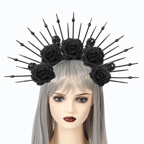Gothic Halo Kroon Hoofdband Zwarte Roos Schedel Zonnestraal Spike Halloween Cosplay Kostuum Accessoire Voor Dames