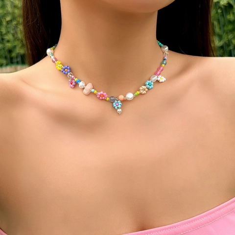 Collier Perlé Fait Main Avec Fleurs En Acrylique Fausses Künstliche Perles Et Lettre F Ras Du Cou Pour Femmes Style Bohème Y2K