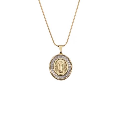 Collar Con Colgante de la Virgen María de Cobre Chapado en Oro Vintage Con Cadena de Hueso de Serpiente de Zirconia