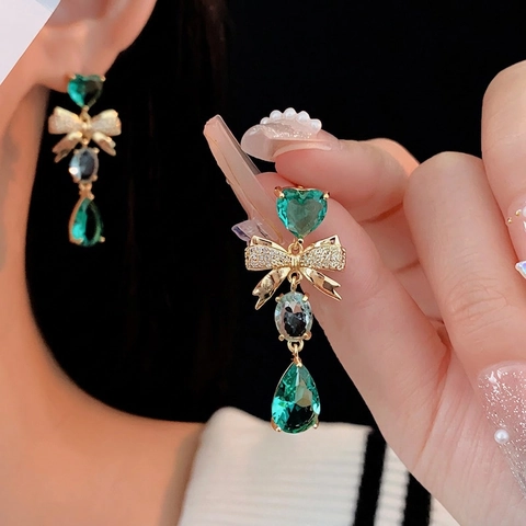 Pendientes Largos Elegantes Franceses De Corazón Verde Y Gota De Agua Con Lazo Circonita Cobre Chapado En Oro Pin De Plata Para Mujer