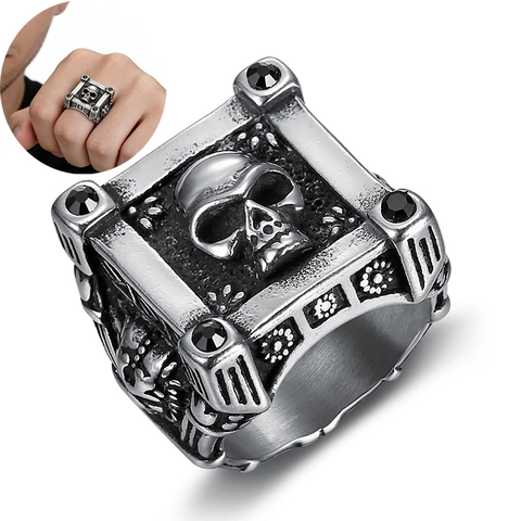 Gothic Skull Head Ring Stainless Steel Square Face With Black Stones Vintage Punk Rock For Men