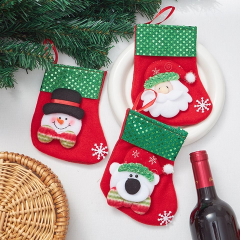 Christmas Stockings Mini Hanging Ornaments Felt Sequin Cuff 3D Santa Snowman Reindeer Bear Character Holiday Tree Decor