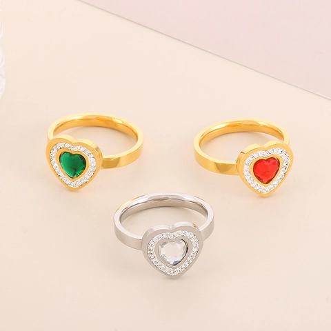 Heart Shaped Ring Stainless Steel 18K Gold Plated Micro Inlaid Rhinestones Fashion Elegant Glass Gemstone Jewelry Women