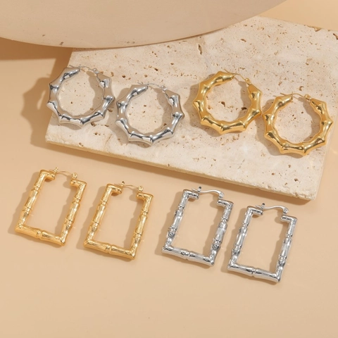 Orecchini a Cerchio in Acciaio Inossidabile con Texture di Bambù per Donna Placcati in Oro Argento Design Geometrico Cavo Gioielli