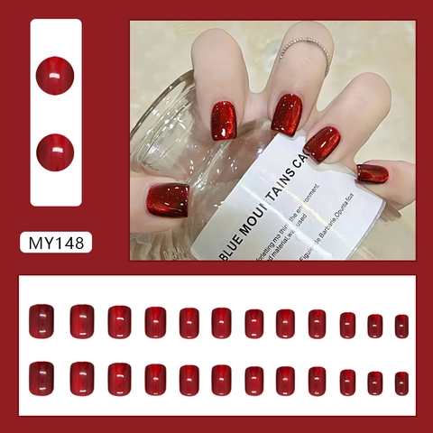 Cat Eye Magnetic Press On Nails Deep Red Berry Short Square Glossy Artificial Finger Nails For Women
