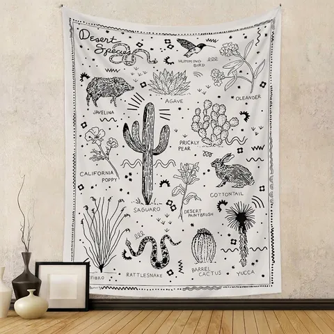 Wall Hanging Tapestry Desert Species Cactus Rattlesnake Polyester Line Art Vintage Minimalist Home Decor Backdrop