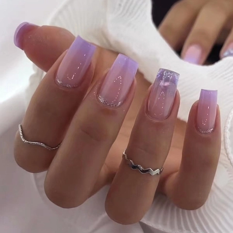Purple Gradient Glitter Ombre Press On Nails Square Shape Elegant Simple Fashionable For Women
