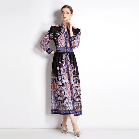Vintage Paisley Print Maxi Jurk Lange Mouwen Opstaande Kraag Enkele Rij Knopen Getailleerd Elegant Boheems Damesmode
