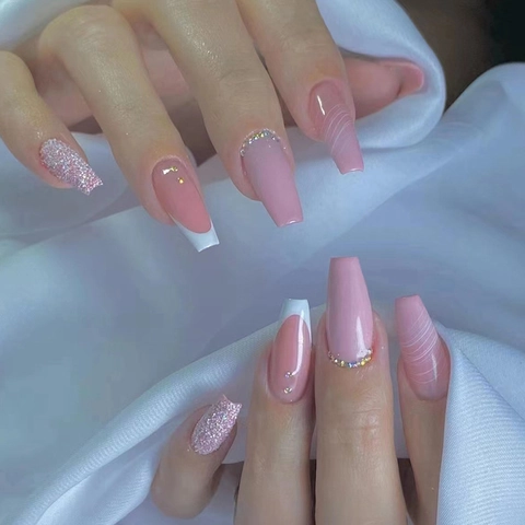 Pink Gradient Press On Nails Rhinestone Glitter Mid Long Coffin Shape Artificial False Nails For Women Elegant Fashion