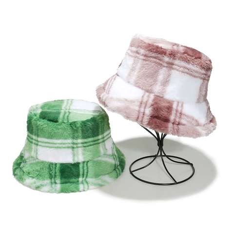Winter Plaid Faux Fur Bucket Hat Warm Plush Checkered Retro Windproof Outdoor Accessory For Women