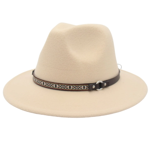 Fedora Hat Woolen Wide Brim Ethnic Geometric Band Leather Metal Buckle Retro Jazz Hat Unisex