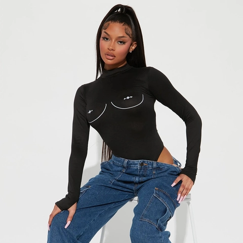 Bodysuit Sexy De Cuello Alto Para Mujer Manga Larga Poliéster Alta Elasticidad Estampado De Líneas Creativas Streetwear Top Ajustado Con Agujeros Pulgar
