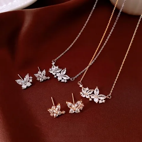 Butterfly Pendant Necklace And Earrings Copper Gold Plated Jewelry With Silver Earring Post Zircon Inlaid For Women