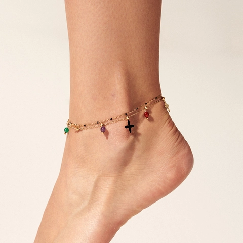 Double Layer Stainless Steel Anklet For Women Natural Stone Beads Cross Flower Pendant Foot Chain Gold Silver Jewelry Gift