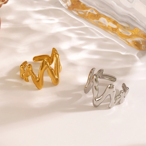 Anello Aperto A Onda Irregolare Acciaio Inossidabile Placcato Oro 18K Minimalista Stile Lava Fluida Gioielli Regolabili