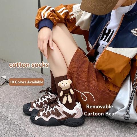 Kawaii Crew Socks With Detachable 3D Plush Bear Smiley Face Decoration Cotton Blend Japanese Style Women Accessory