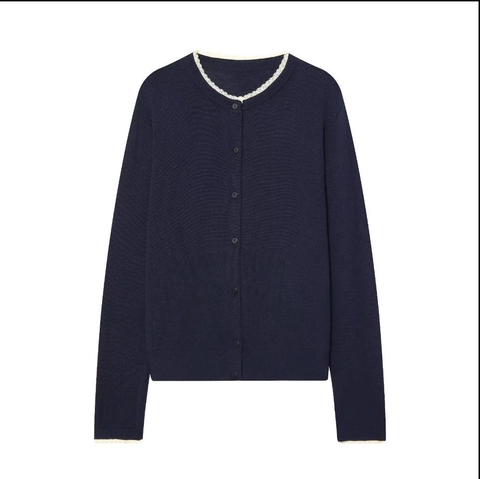 Damen Strickjacke Pullover Rundhals Mit Spitzenbesatz Langarm Knöpfe Lässig Elegant Vintage Top