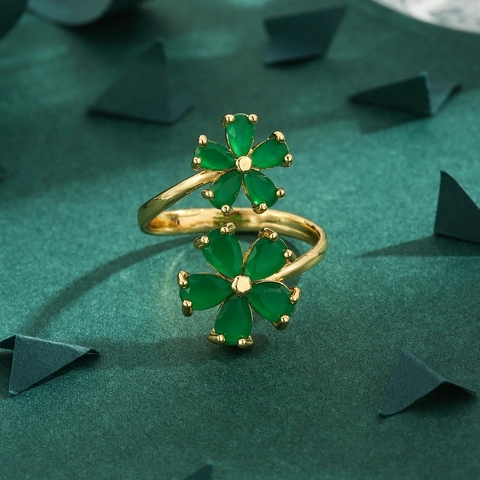 Bague Ouverte Fleur en Cuivre Plaqué Or Avec Zirconia Vert Pour Femme Élégant Design Floral D'été Ajustable Bijoux De Mode