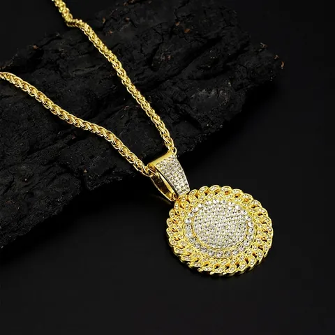 Collana Con Pendente A Disco Rotondo Hip Hop Iced Out Lega Di Zinco Pieno Rhinestone Micro Pavé Gioielli Streetwear Per Uomo Donna