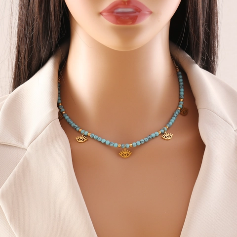 Bohemian Turquoise Bead Necklace With Stainless Steel Eye Butterfly Star Pendants Vintage Clavicle Chain For Women