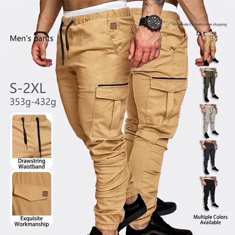 Pantaloni Cargo Uomo Tasche Multiple Poliestere Tessuto Coulisse Caviglia Elastica Streetwear Casual Sportivi
