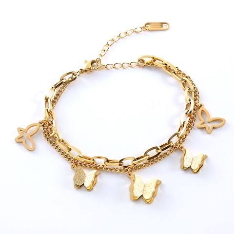 Pulsera De Mariposa De Doble Capa Acero Inoxidable Dijes Mates Calados Joyería De Moda Para Mujer Ajustable