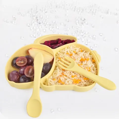 Silicone Baby Feeding Plate Suction Divided Bowl Bib Cup Spoon Fork Food Grade Toddler Self Eating Animal Shape