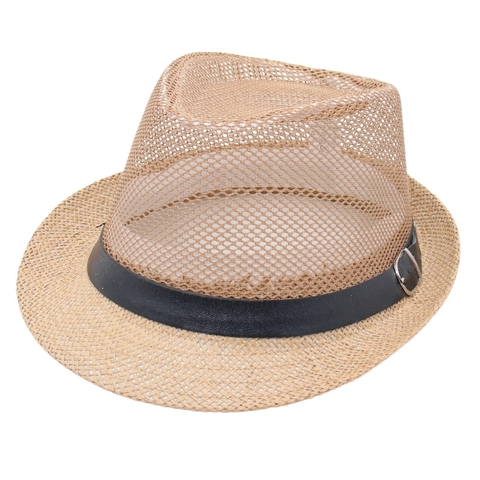 Mesh Fedora Hat Breathable Straw Jazz Cap Short Brim Sun Protection Vintage Style PU Leather Belt For Men Women