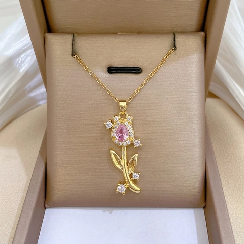 Collana Con Ciondolo Fiore Tulipano Di Lusso Con Ciondolo In Rame Zircone Rosa E Catena In Acciaio Al Titanio Da Donna