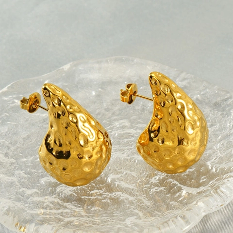 Hammered Water Drop Earrings 18K Gold Plated Stainless Steel Irregular Teardrop Texture Fashion For Women
