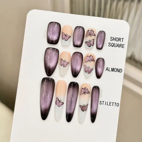 Faux Ongles Faits Main Motif Papillon Œil De Chat Violet Forme Amande Stiletto Longue Dégradé Brillant Paillettes Mode Pour Femme