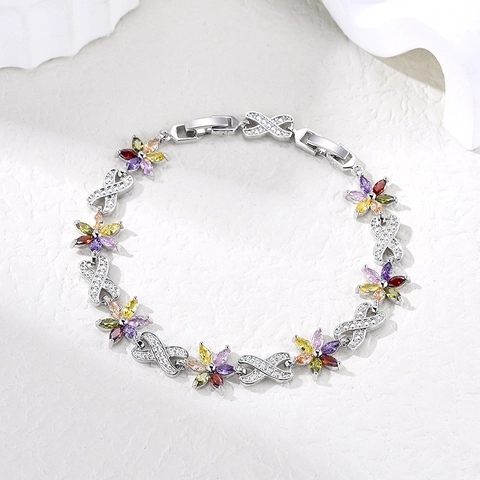 Elegant Bloem Zirconia Armband Voor Vrouwen Mode Kleurrijke Florale Messing Ingelegde Stenen Verstelbare Schakelarmband